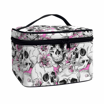 Pink Flowers Skull Pattern Print Travel Makeup Bag