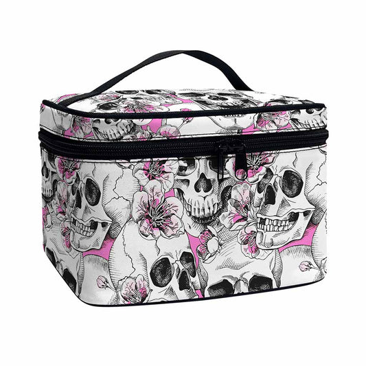 Pink Flowers Skull Pattern Print Travel Makeup Bag