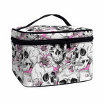 Pink Flowers Skull Pattern Print Travel Makeup Bag