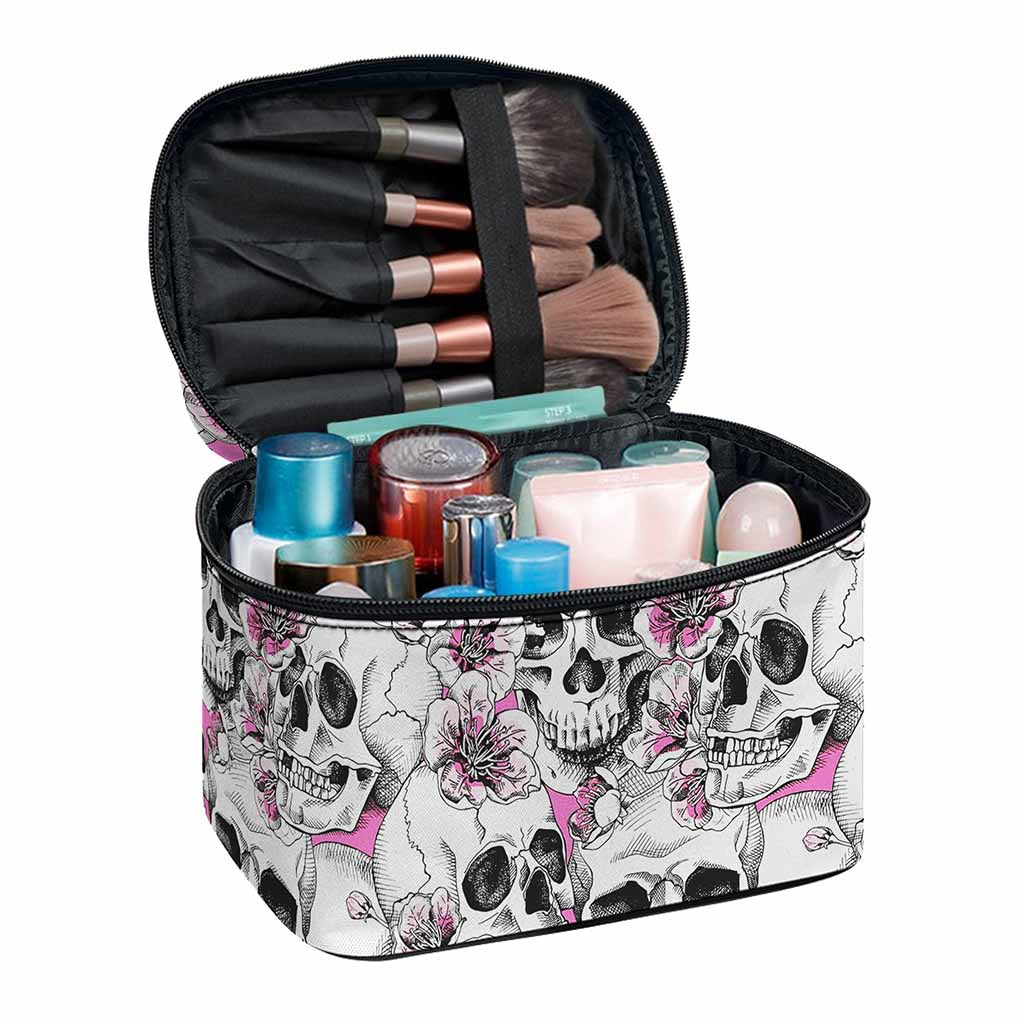 Pink Flowers Skull Pattern Print Travel Makeup Bag