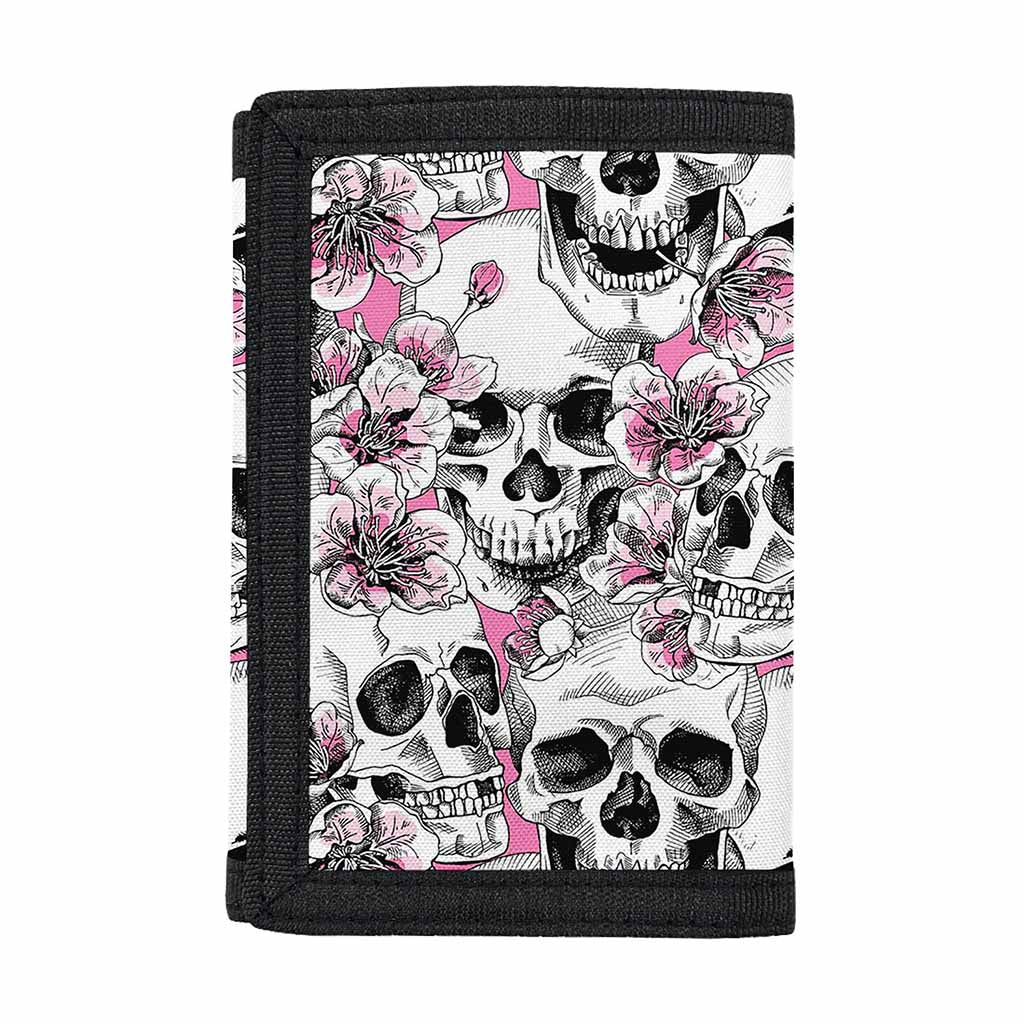 Pink Flowers Skull Pattern Print Trifold Wallet