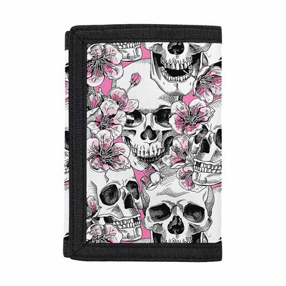 Pink Flowers Skull Pattern Print Trifold Wallet