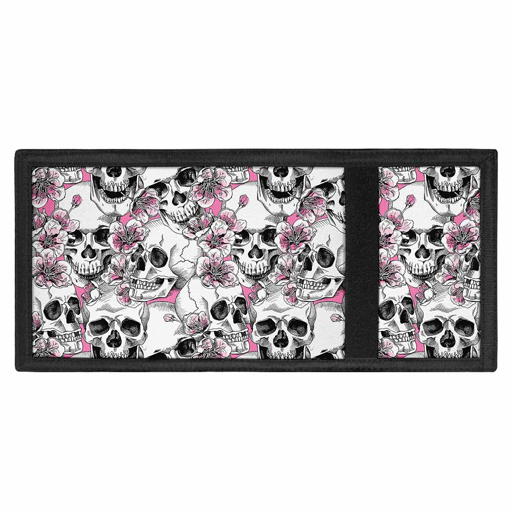Pink Flowers Skull Pattern Print Trifold Wallet