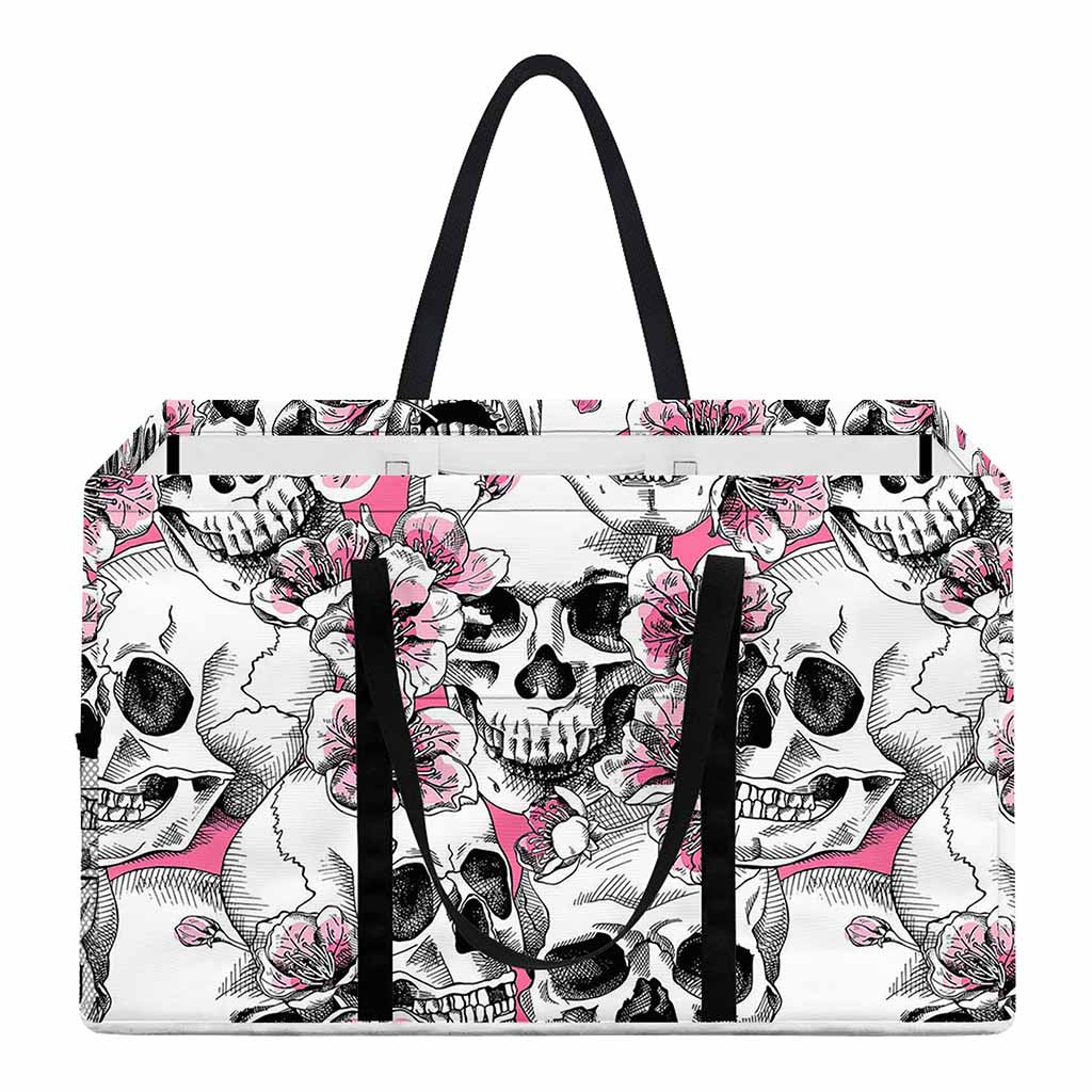 Pink Flowers Skull Pattern Print Utility Tote Bag