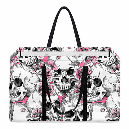 Pink Flowers Skull Pattern Print Utility Tote Bag