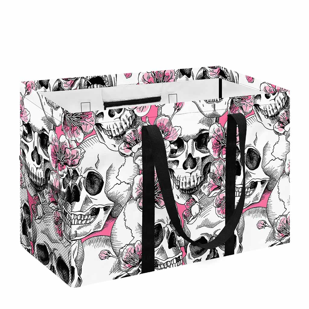 Pink Flowers Skull Pattern Print Utility Tote Bag