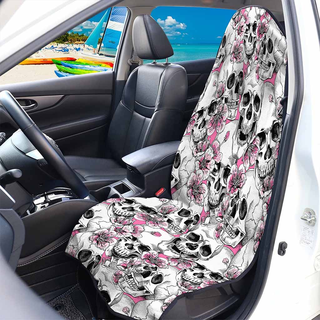Pink Flowers Skull Pattern Print Waterproof Car Seat Cover