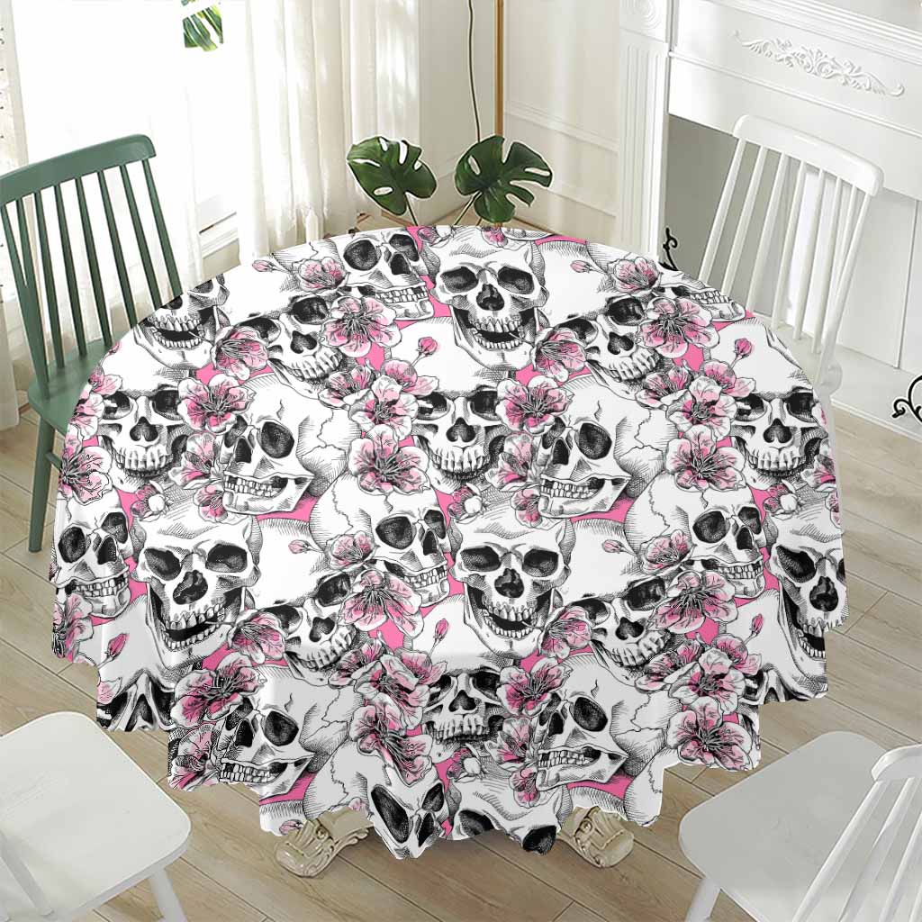 Pink Flowers Skull Pattern Print Waterproof Round Tablecloth