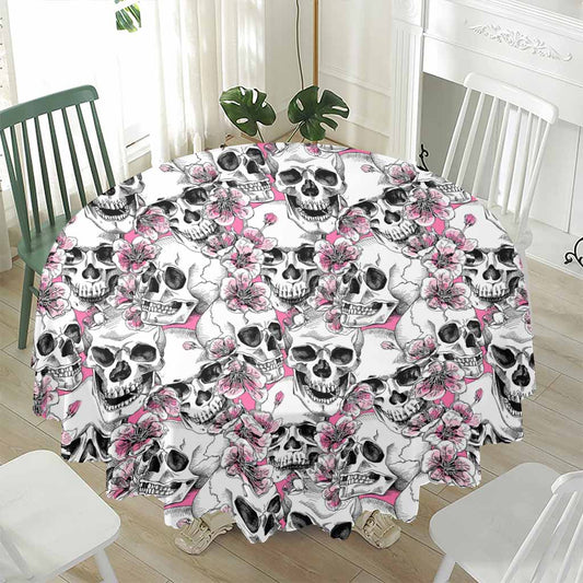 Pink Flowers Skull Pattern Print Waterproof Round Tablecloth