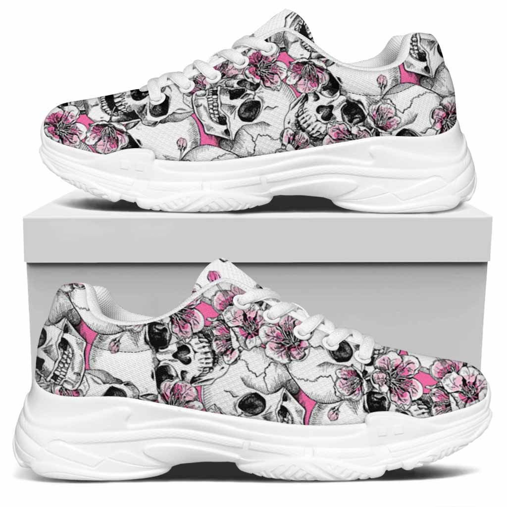 Pink Flowers Skull Pattern Print White Chunky Shoes