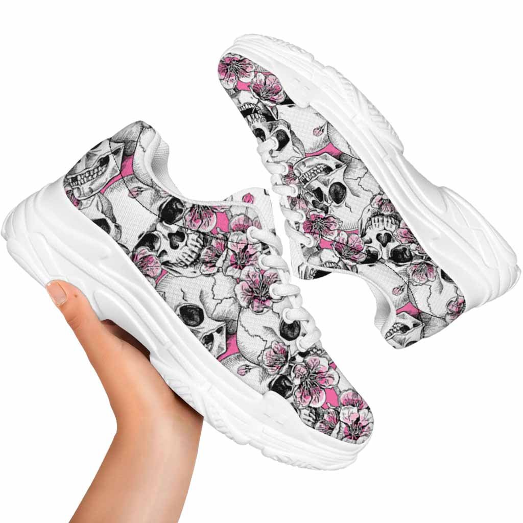 Pink Flowers Skull Pattern Print White Chunky Shoes