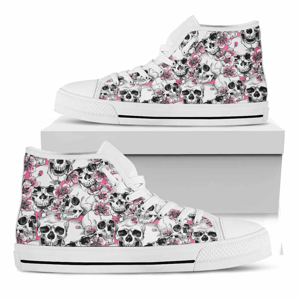 Pink Flowers Skull Pattern Print White High Top Sneakers