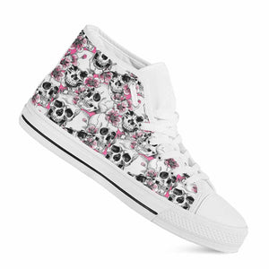 Pink Flowers Skull Pattern Print White High Top Sneakers