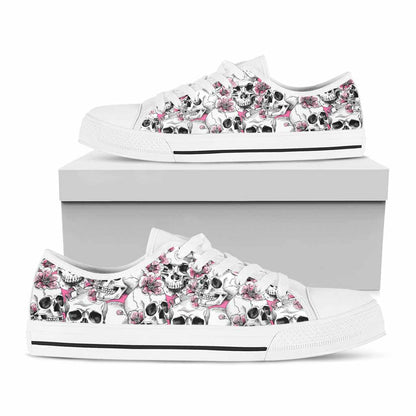 Pink Flowers Skull Pattern Print White Low Top Sneakers