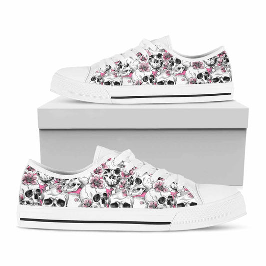 Pink Flowers Skull Pattern Print White Low Top Sneakers