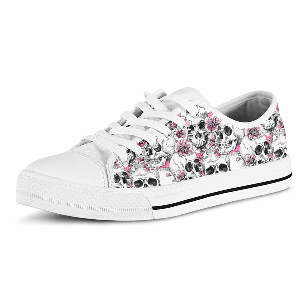 Pink Flowers Skull Pattern Print White Low Top Sneakers