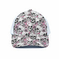 Pink Flowers Skull Pattern Print White Mesh Trucker Hat