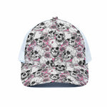 Pink Flowers Skull Pattern Print White Mesh Trucker Cap
