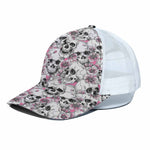 Pink Flowers Skull Pattern Print White Mesh Trucker Cap