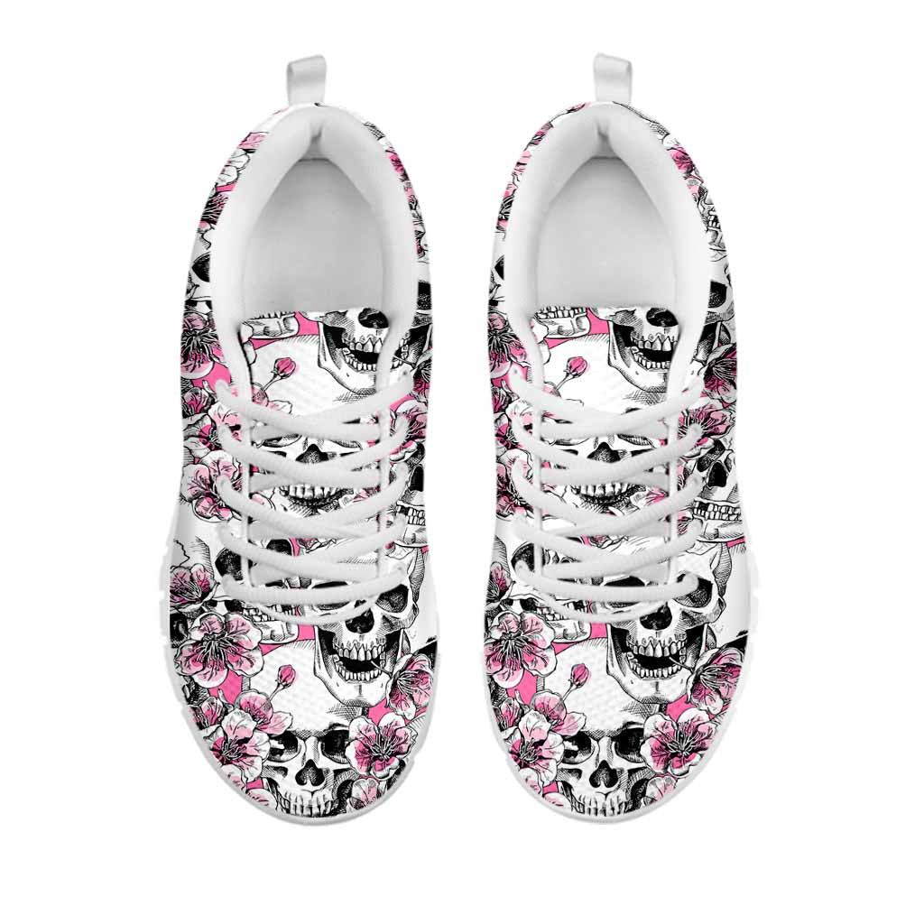 Pink Flowers Skull Pattern Print White Running Shoes