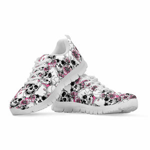 Pink Flowers Skull Pattern Print White Running Shoes