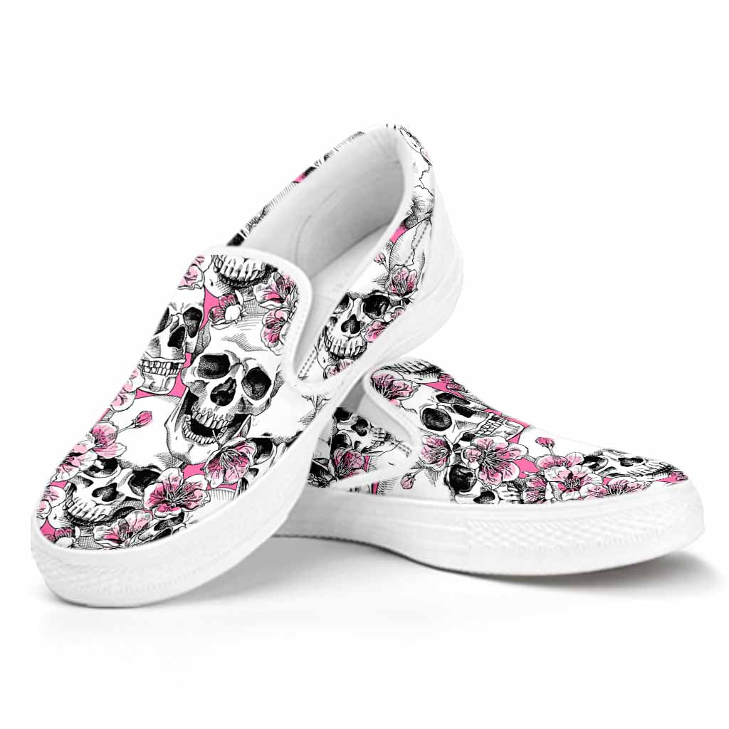 Pink Flowers Skull Pattern Print White Slip On Sneakers