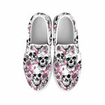 Pink Flowers Skull Pattern Print White Slip On Sneakers