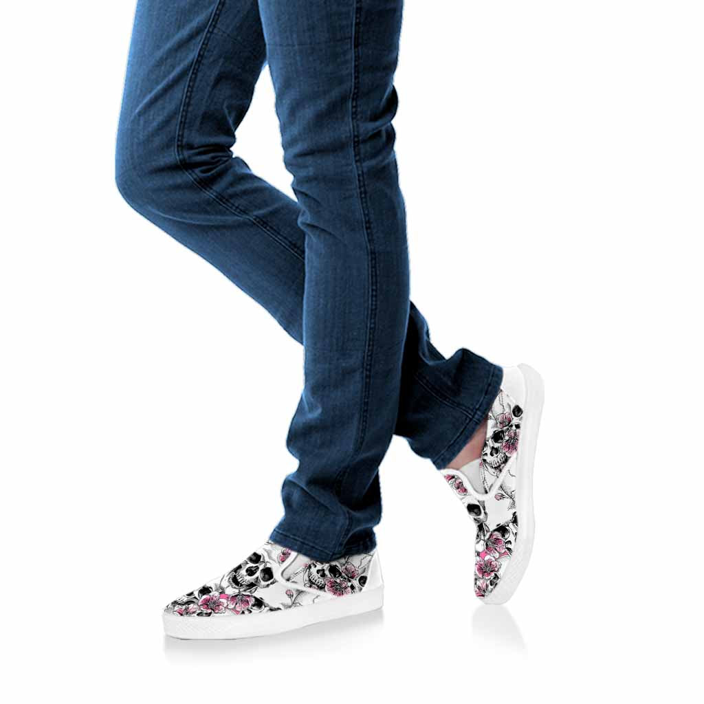 Pink Flowers Skull Pattern Print White Slip On Sneakers