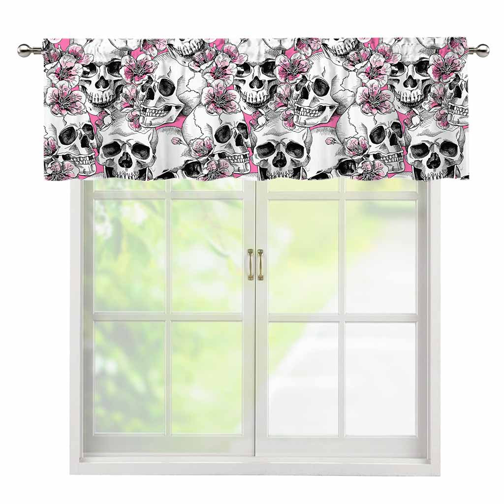 Pink Flowers Skull Pattern Print Window Valance
