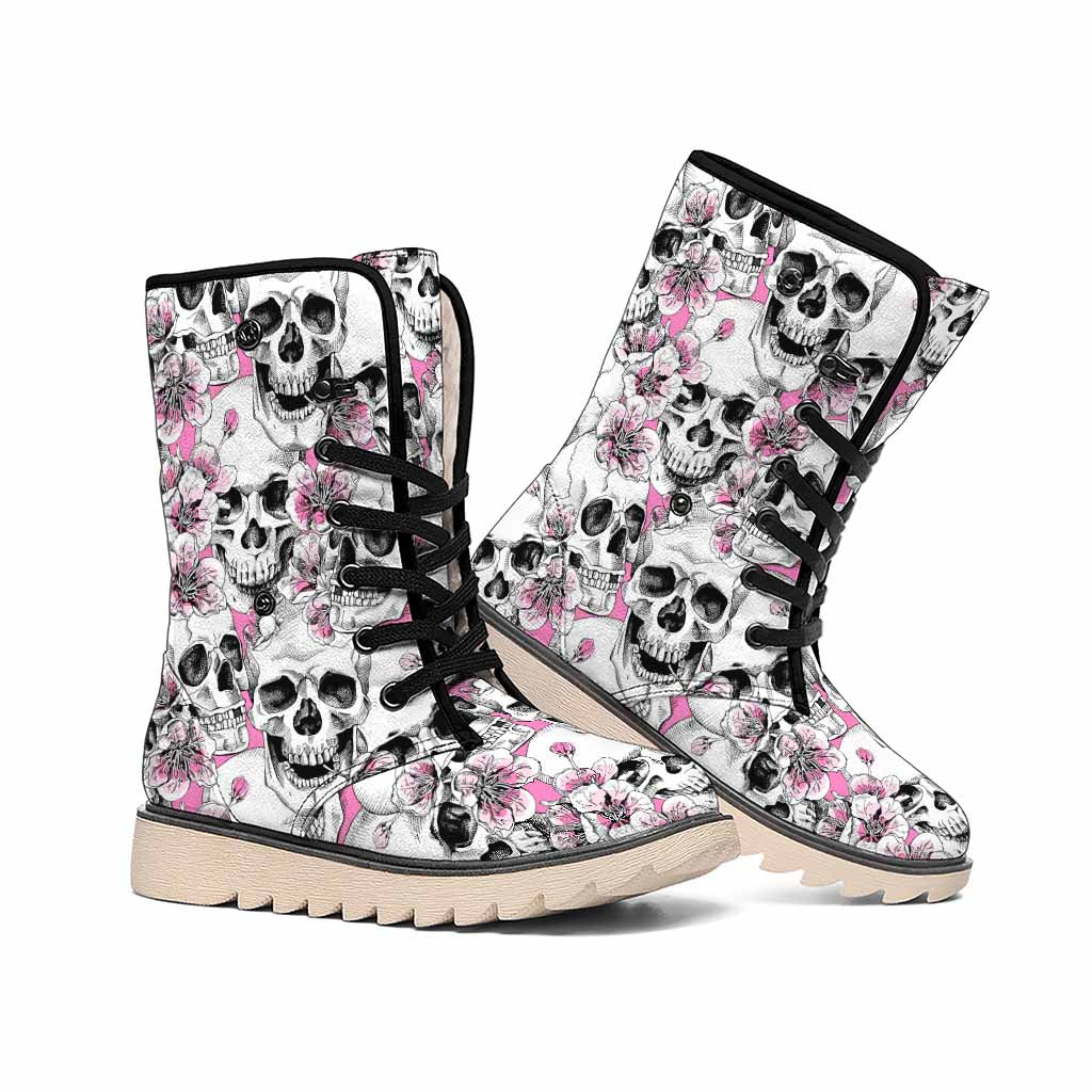 Pink Flowers Skull Pattern Print Winter Boots