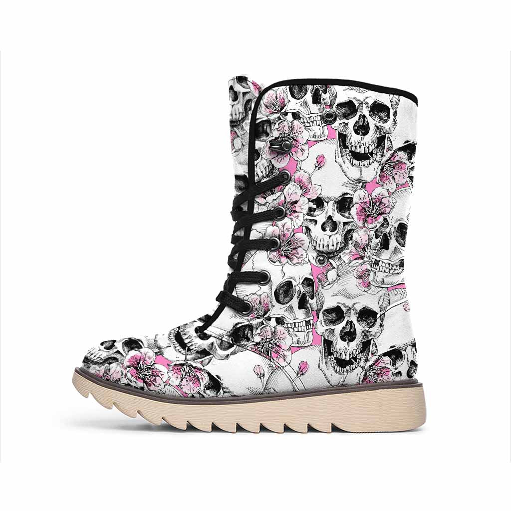 Pink Flowers Skull Pattern Print Winter Boots