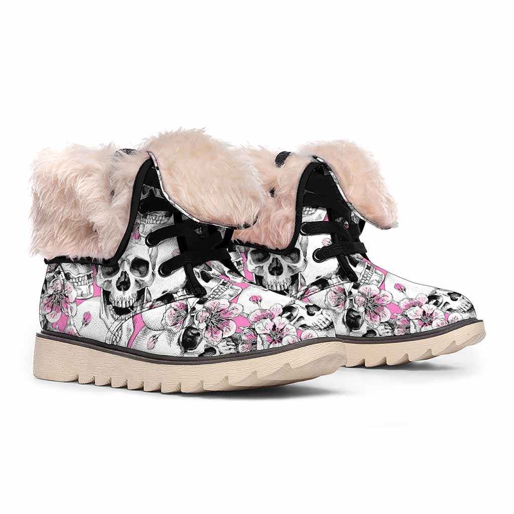 Pink Flowers Skull Pattern Print Winter Boots