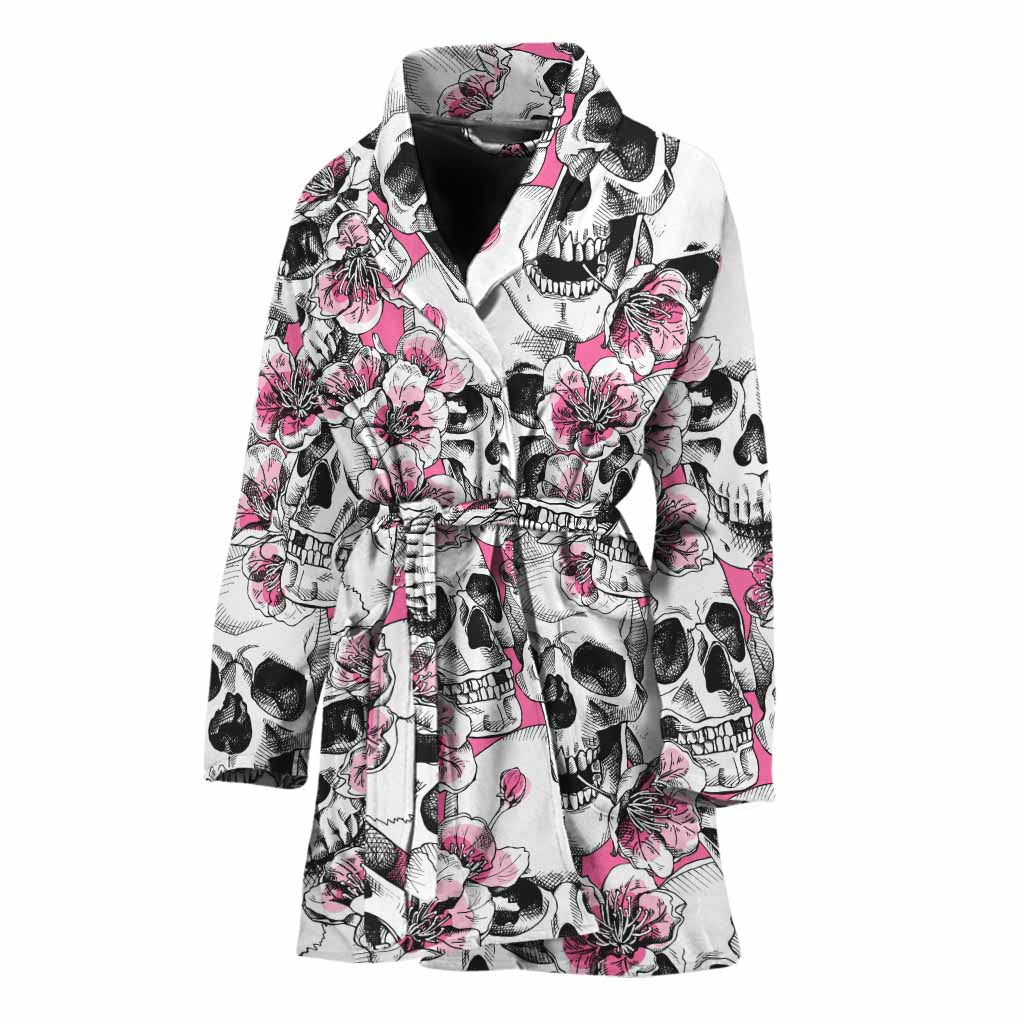 Pink Flowers Skull Pattern Print Women's Bathrobe