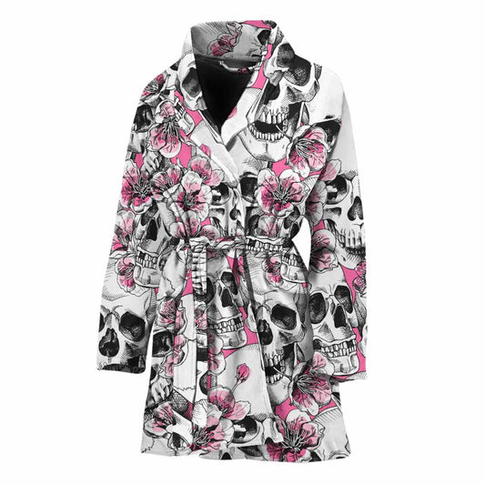 Pink Flowers Skull Pattern Print Women's Bathrobe