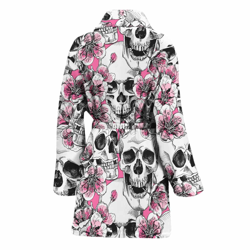 Pink Flowers Skull Pattern Print Women's Bathrobe