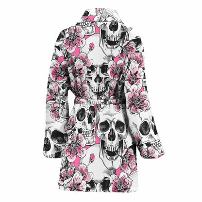 Pink Flowers Skull Pattern Print Women's Bathrobe