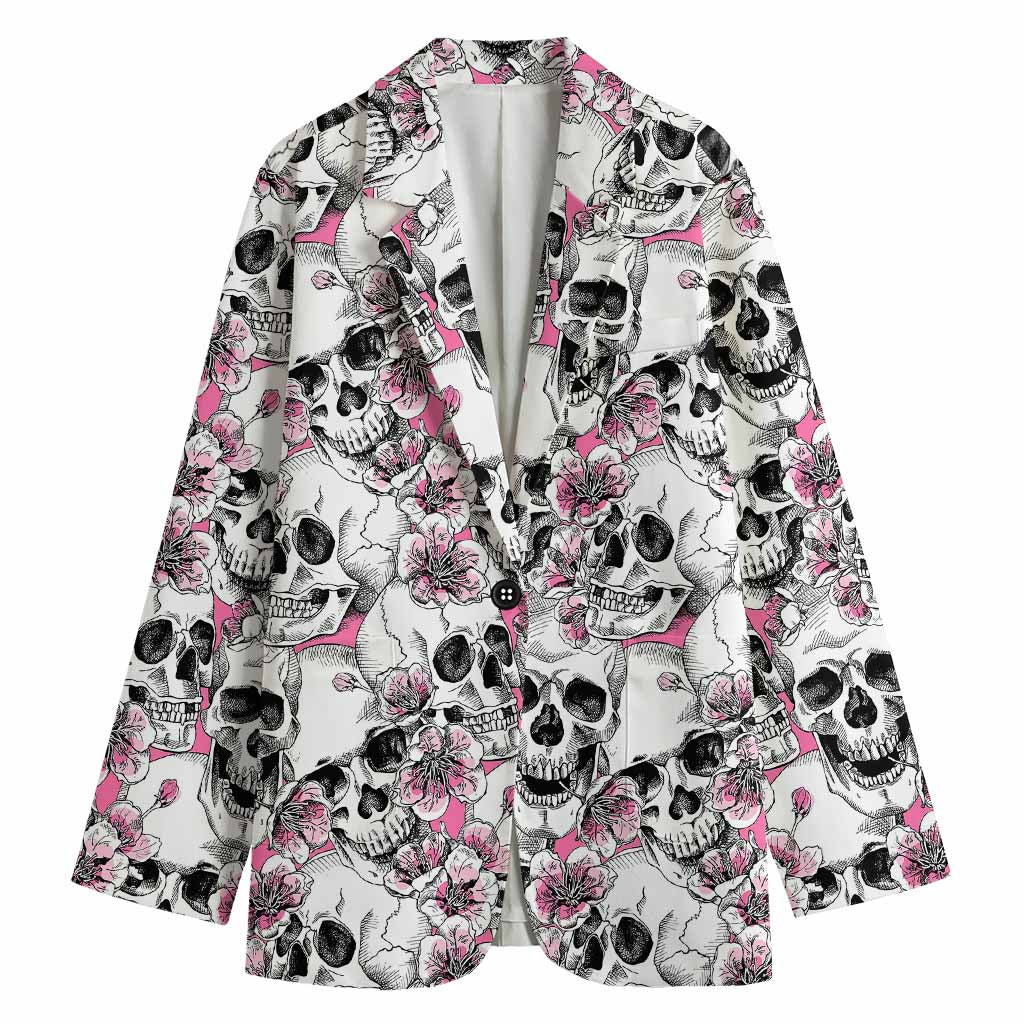 Pink Flowers Skull Pattern Print Women's Blazer
