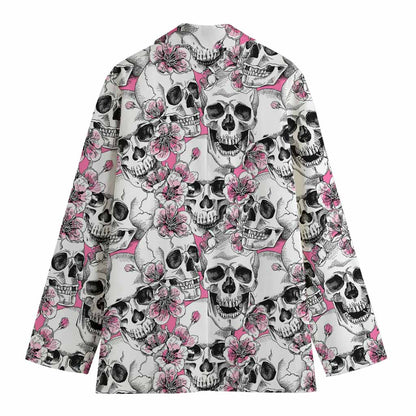 Pink Flowers Skull Pattern Print Women's Blazer