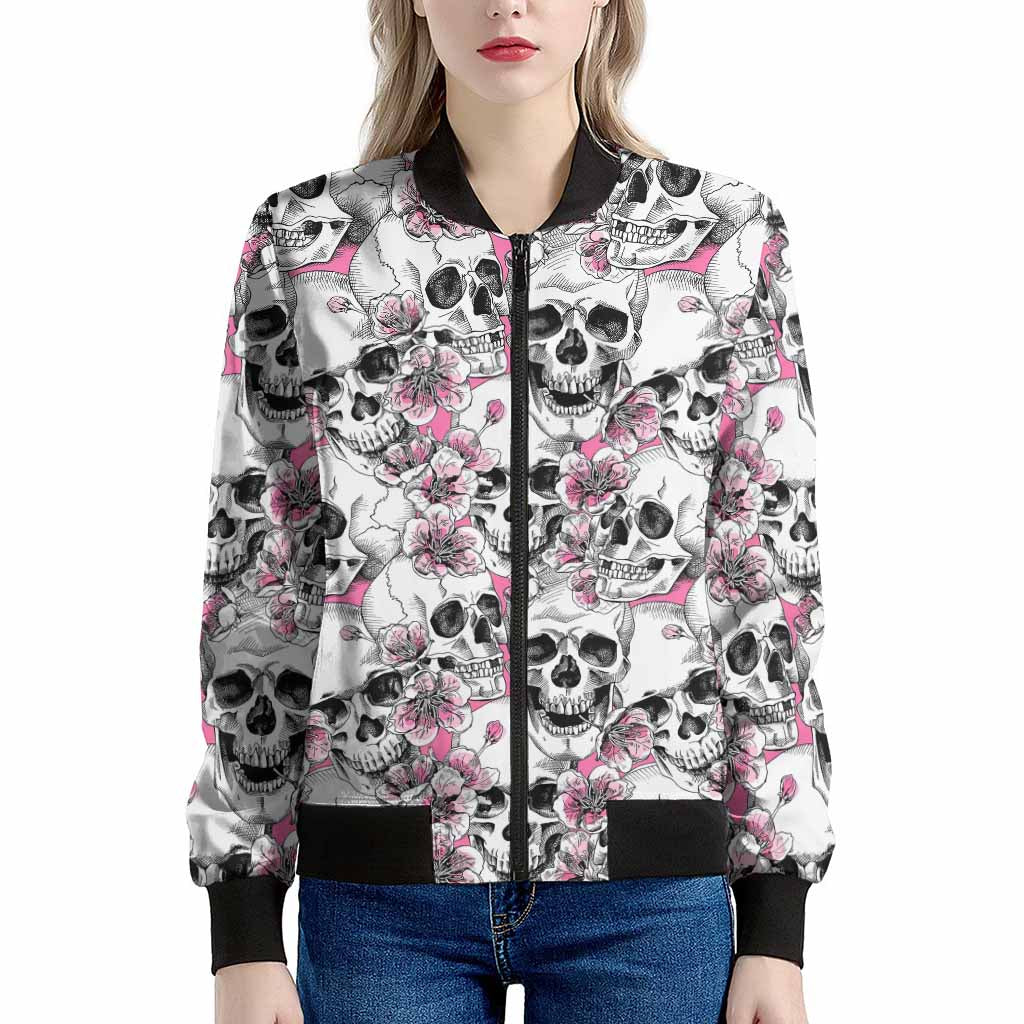 Pink Flowers Skull Pattern Print Women's Bomber Jacket
