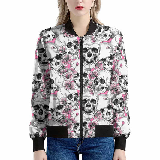 Pink Flowers Skull Pattern Print Women's Bomber Jacket