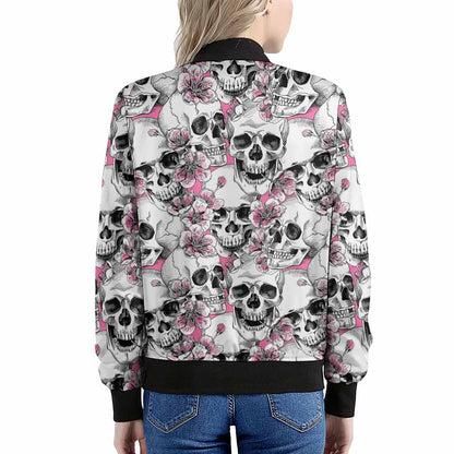 Pink Flowers Skull Pattern Print Women's Bomber Jacket
