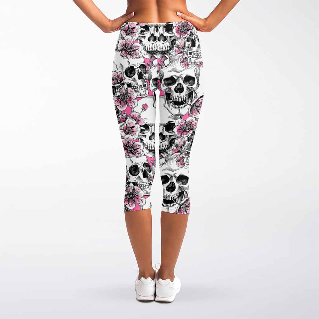 Pink Flowers Skull Pattern Print Women's Capri Leggings
