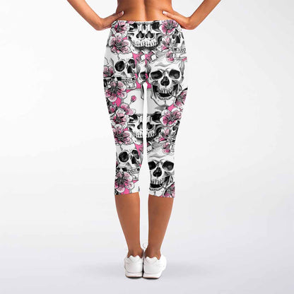 Pink Flowers Skull Pattern Print Women's Capri Leggings
