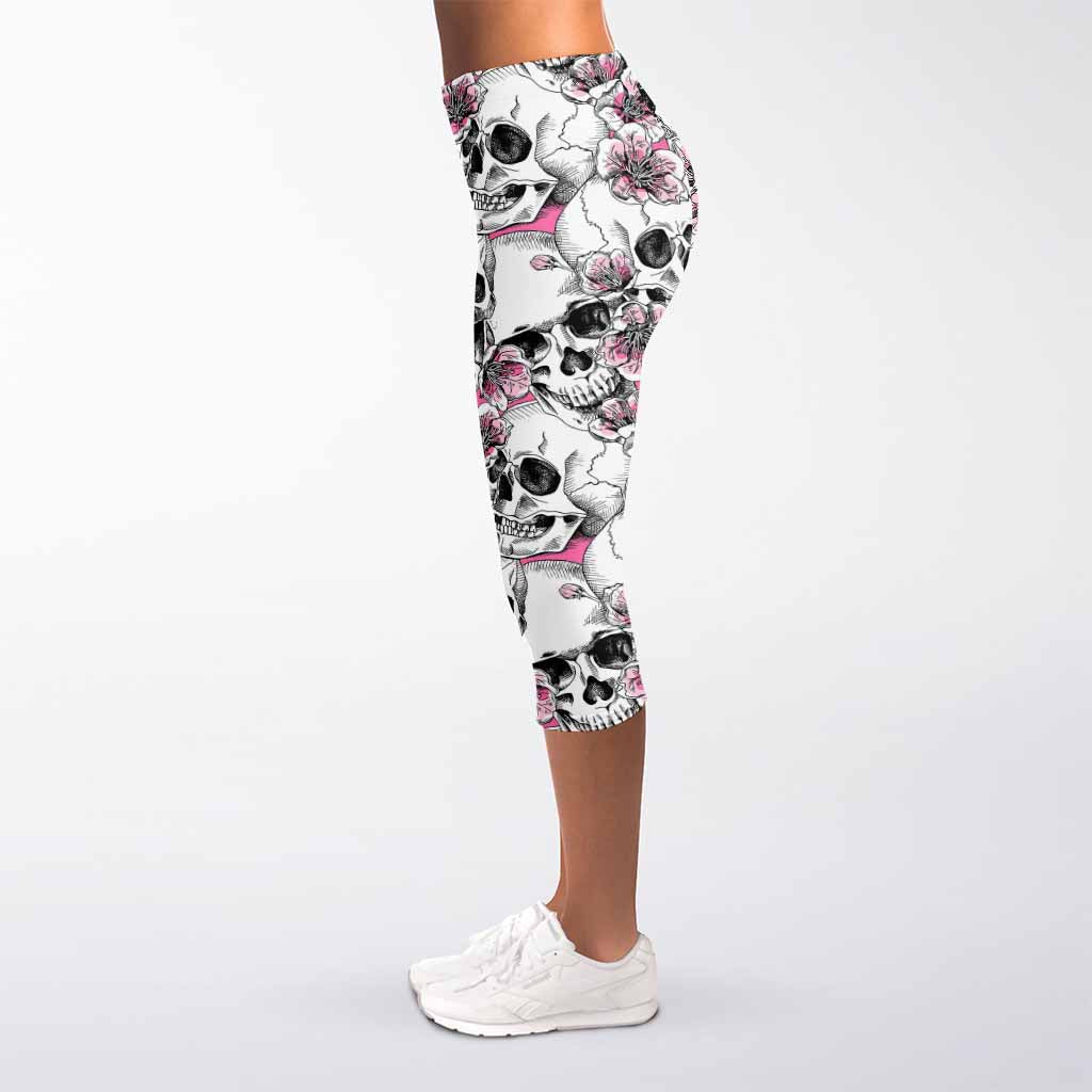 Pink Flowers Skull Pattern Print Women's Capri Leggings