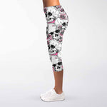 Pink Flowers Skull Pattern Print Women's Capri Leggings