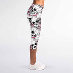 Pink Flowers Skull Pattern Print Women's Capri Leggings