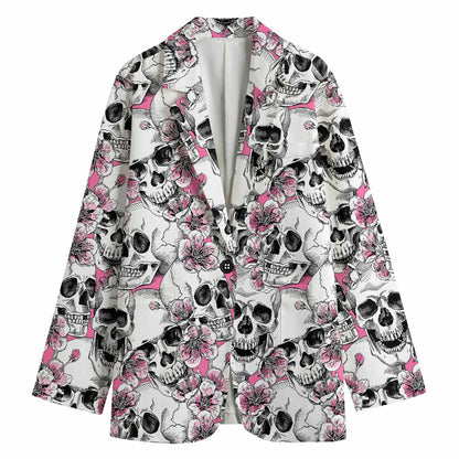 Pink Flowers Skull Pattern Print Women's Cotton Blazer