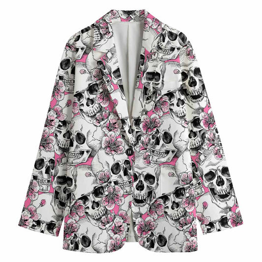 Pink Flowers Skull Pattern Print Women's Cotton Blazer