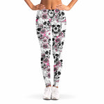 Pink Flowers Skull Pattern Print Women's Leggings