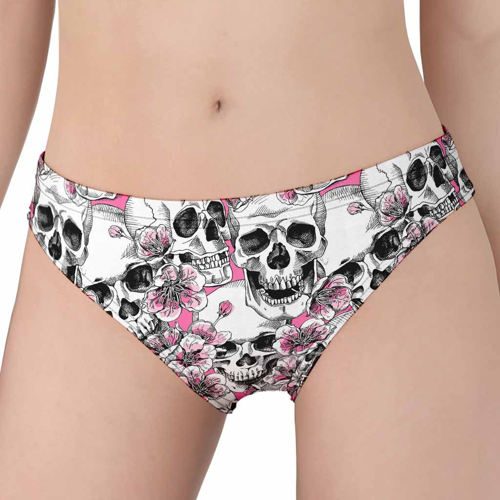 Pink Flowers Skull Pattern Print Women's Panties